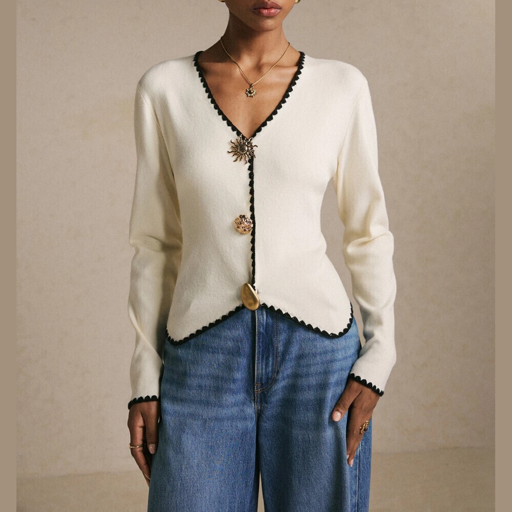 Cream Knit Cardigan with Black Scalloped Trim and Statement Buttons